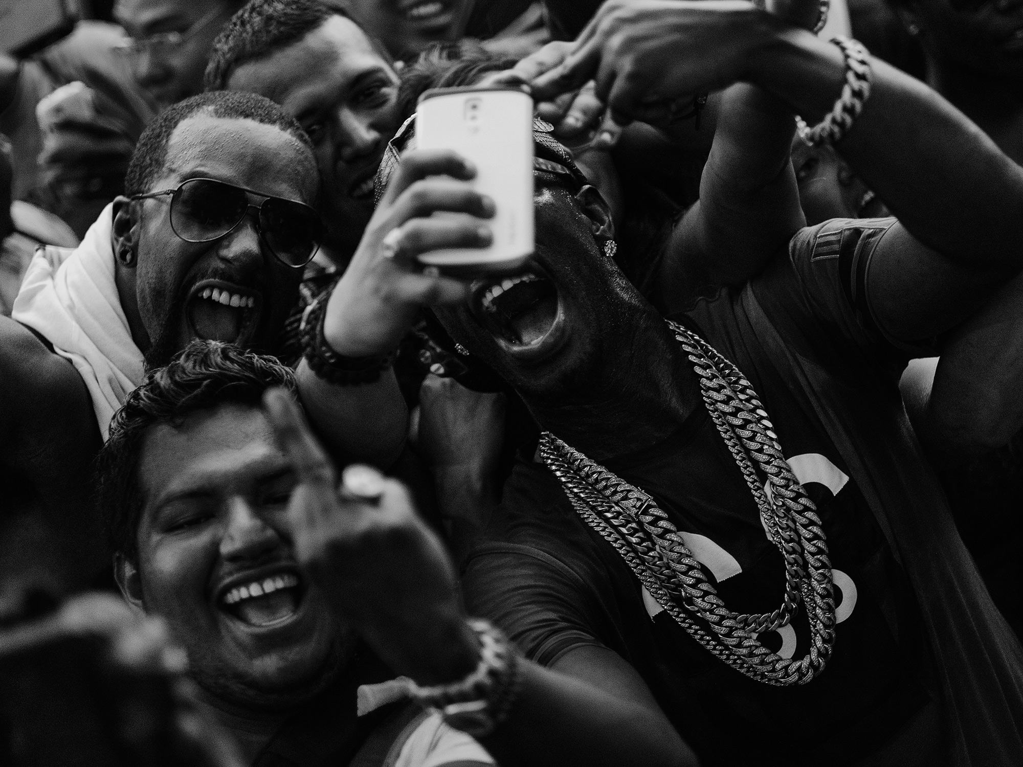 Juicy J, hip hop artist, producer rapper and part of the outfit, Three Six Mafia, parties with an enthusiastic crowd in Houston, Texas, photographed by Todd Spoth.
