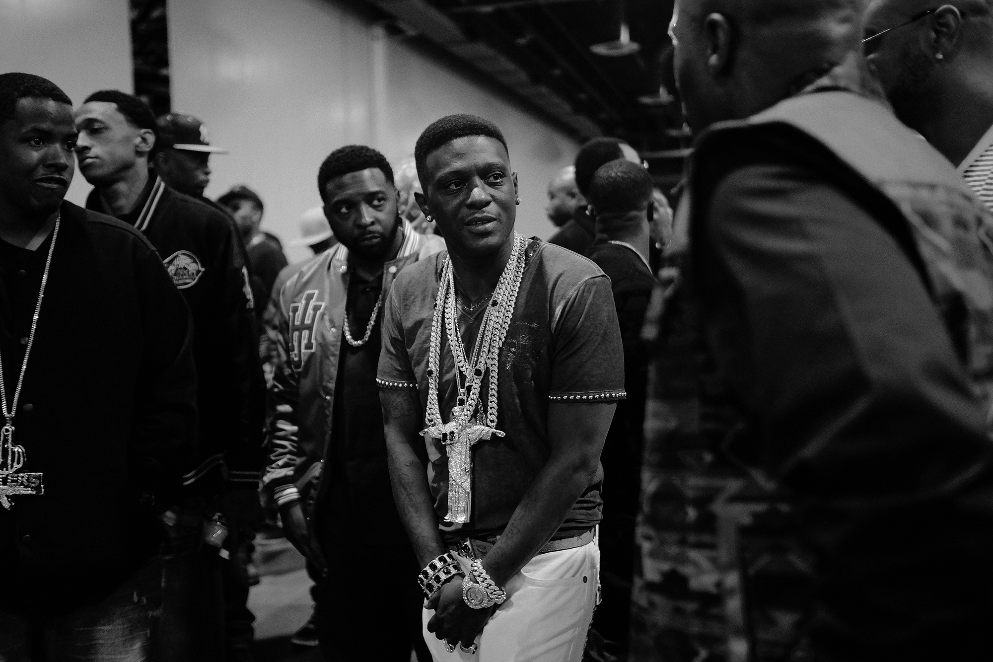 Lil Boosie and Willie D of the Geto Boys, rappers, meet backstage during the Dub car show and concert, photographed by Houston editorial and commercial photographer, Todd Spoth.