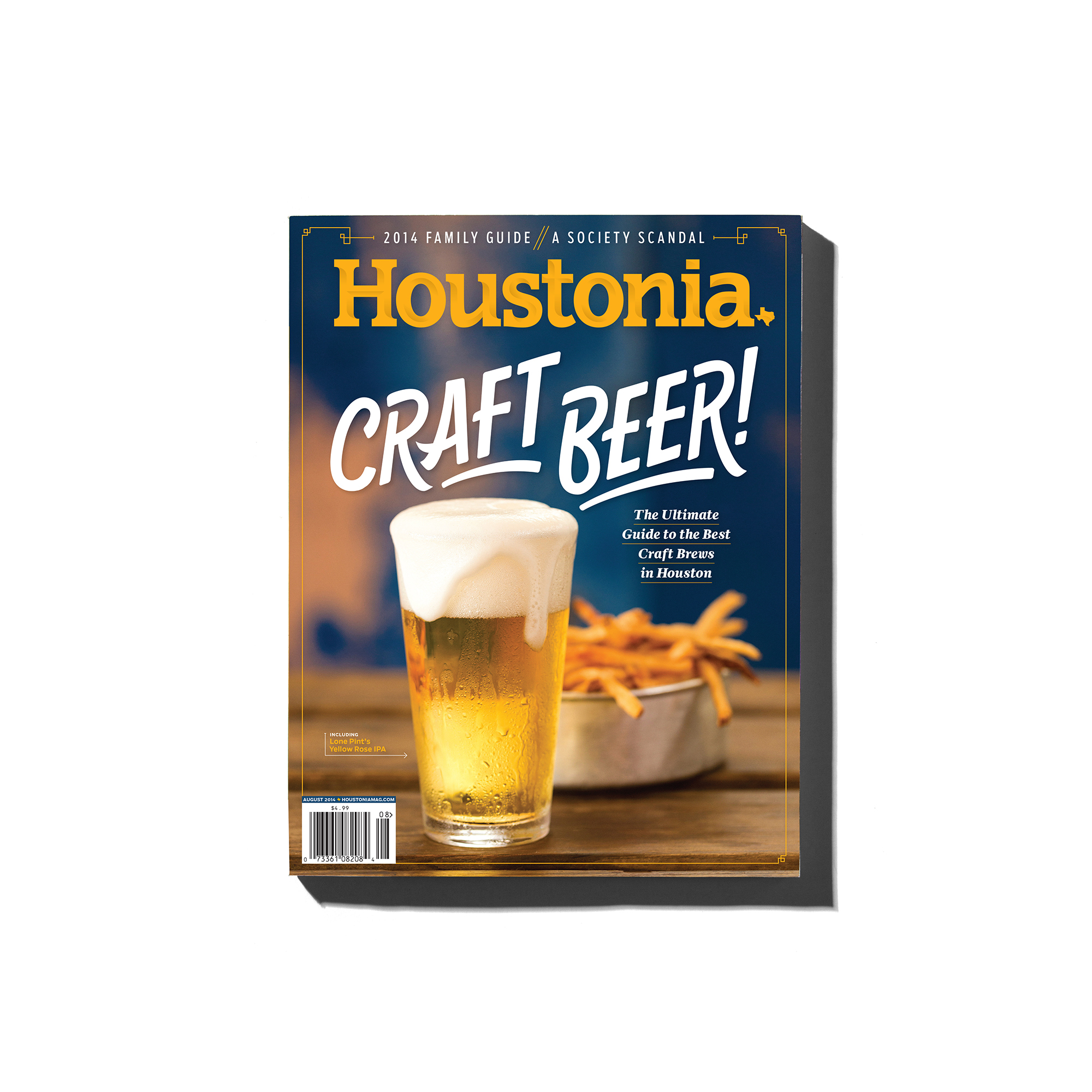 Lone Pint brewery beer glass and a side of fries, photographed by Houston editorial photographer, Todd Spoth for the cover of Houstonia Magazine.
