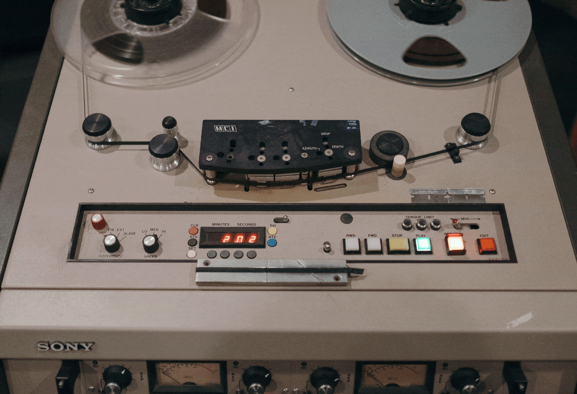 Vintage tape delay machine on display at the legendary Sugar Hill Studios based in Houston, Texas, photographed by Todd Spoth.